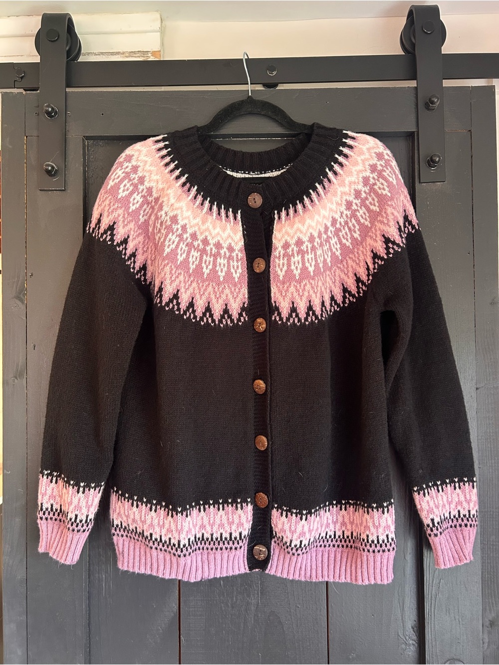 Handmade Black and Pink Fair Isle Button-Up Sweater Cardigan